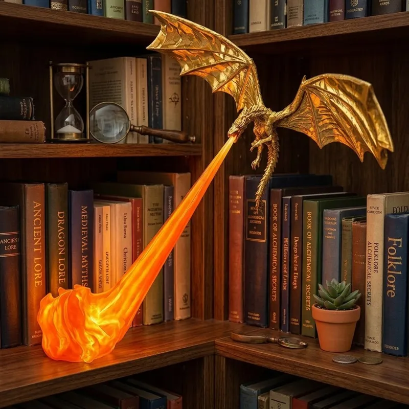 Dragon Flame Book Nook – Glowing Fantasy Bookshelf Decor