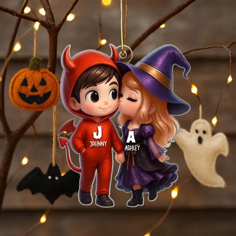 Personalized Name Halloween Style Acrylic Car Hanger Cute Couple Kissing Moment Halloween Gift for Boyfriend & Girlfriend- mikcustom.com