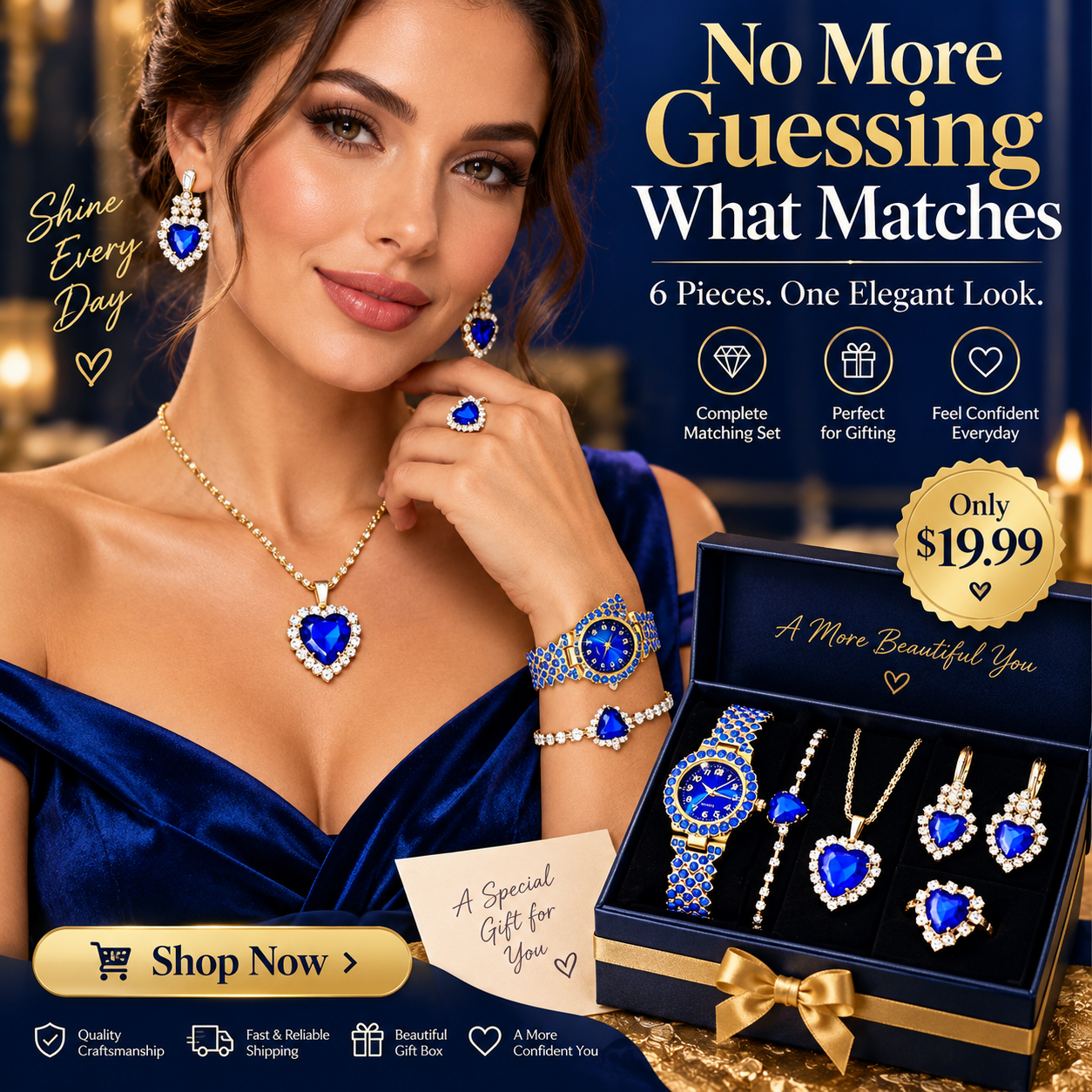 Royal Blue Heart 6-Piece Watch & Jewelry Set – Elegant Gift for Her