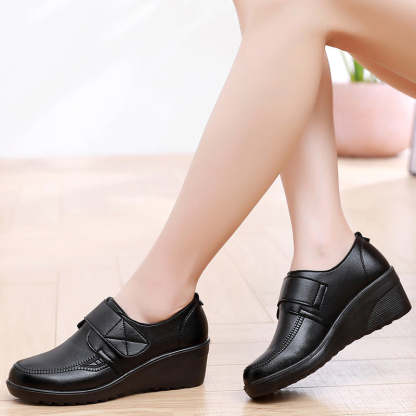 Comfortable Leather Wedge Shoes with Secure Velcro Strap for All-Day Comfort