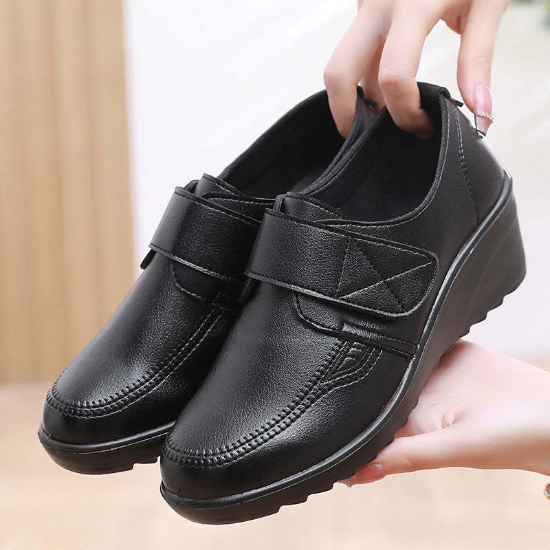 Comfortable Leather Wedge Shoes with Secure Velcro Strap for All-Day Comfort