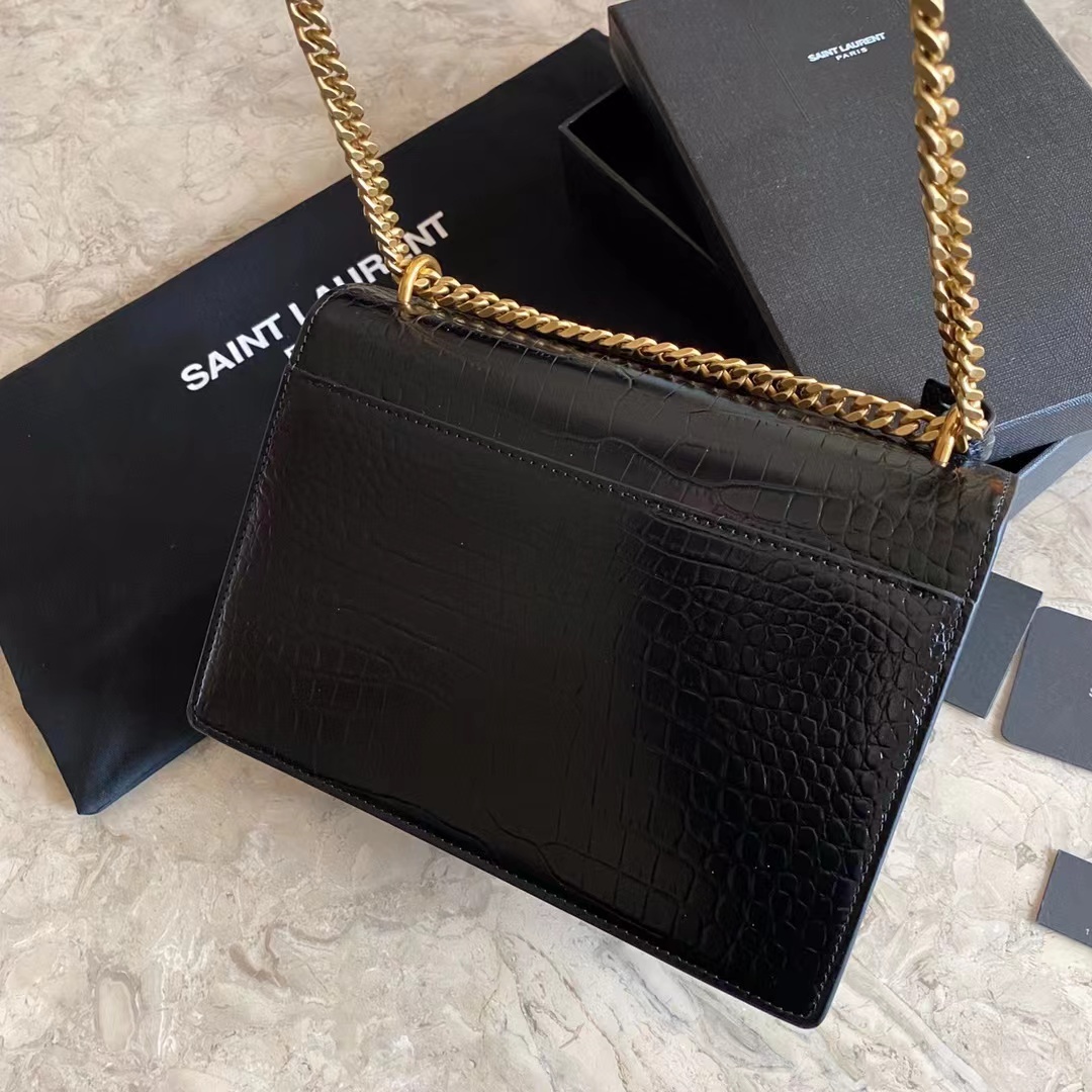 YSL SUNSET MEDIUM CHAIN BAG IN CROCODILE-EMBOSSED SHINY LEATHER
