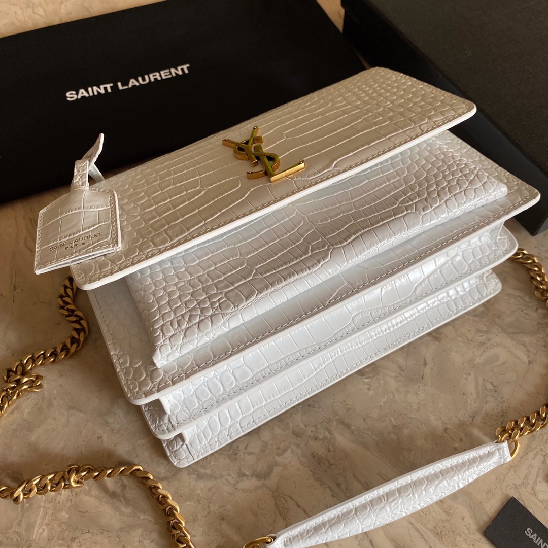 YSL SUNSET MEDIUM CHAIN BAG IN CROCODILE-EMBOSSED SHINY LEATHER