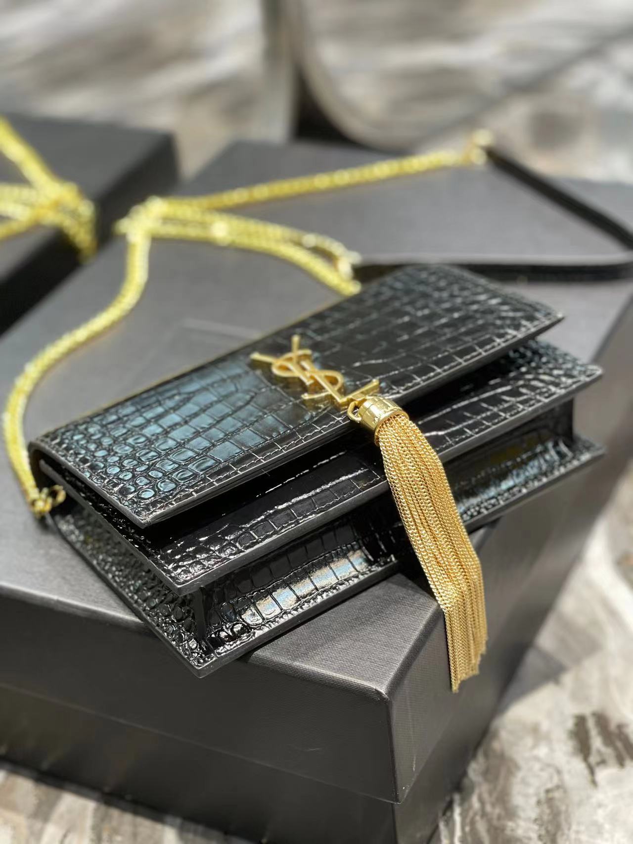 YSL KATE SMALLTASSELIN CROCODILE-EMBOSSED LEATHER