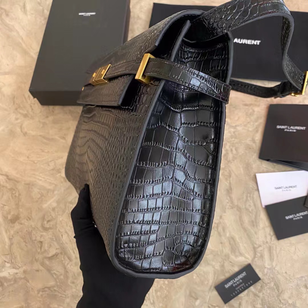 YSL MANHATTAN IN CROCODILE-EMBOSSED SHINY LEATHER