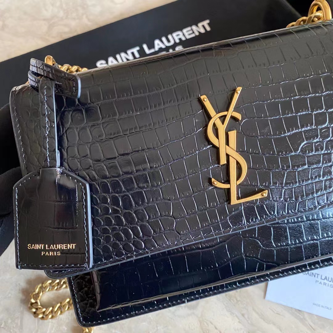 YSL SUNSET MEDIUM CHAIN BAG IN CROCODILE-EMBOSSED SHINY LEATHER