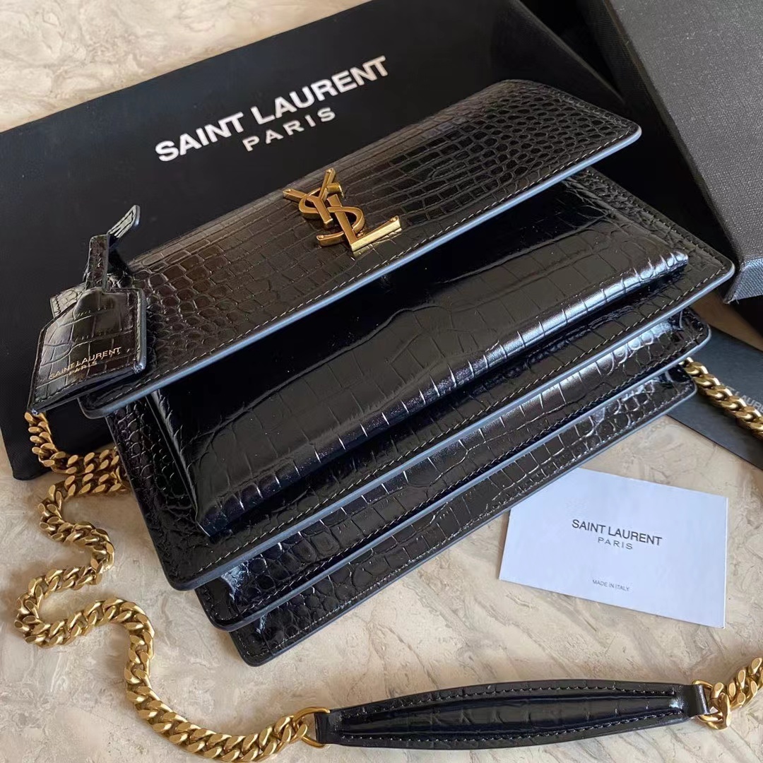 YSL SUNSET MEDIUM CHAIN BAG IN CROCODILE-EMBOSSED SHINY LEATHER