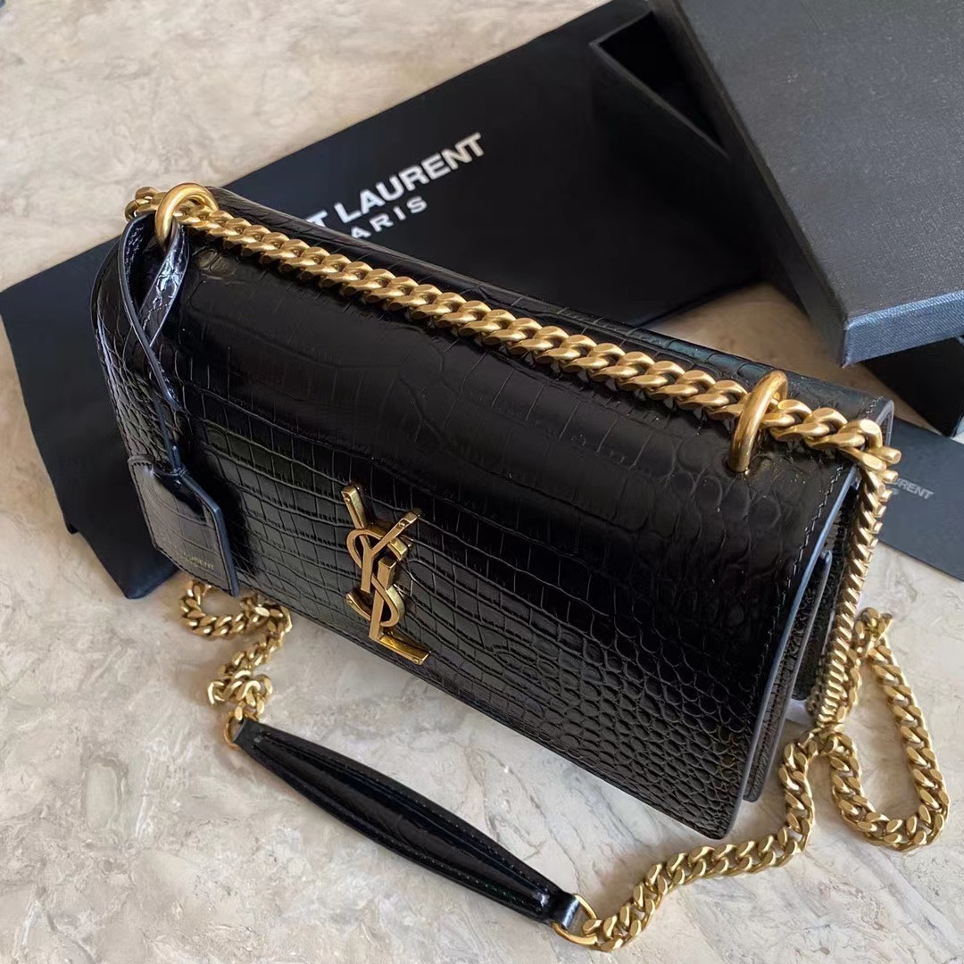 YSL SUNSET MEDIUM CHAIN BAG IN CROCODILE-EMBOSSED SHINY LEATHER