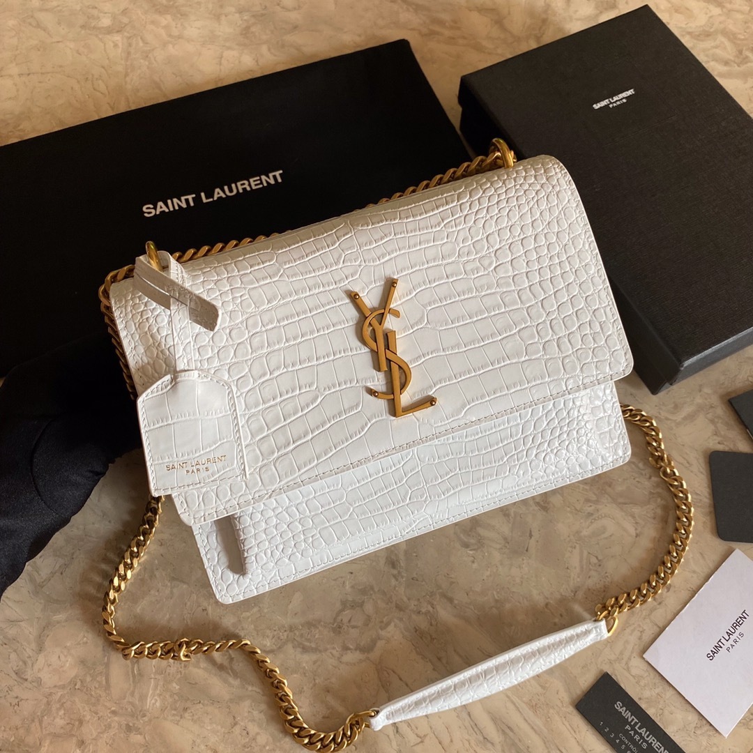 YSL SUNSET MEDIUM CHAIN BAG IN CROCODILE-EMBOSSED SHINY LEATHER