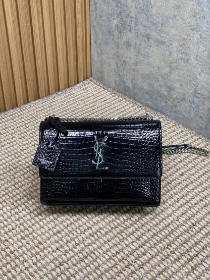 YSL SUNSET MEDIUM CHAIN BAG IN CROCODILE-EMBOSSED SHINY LEATHER
