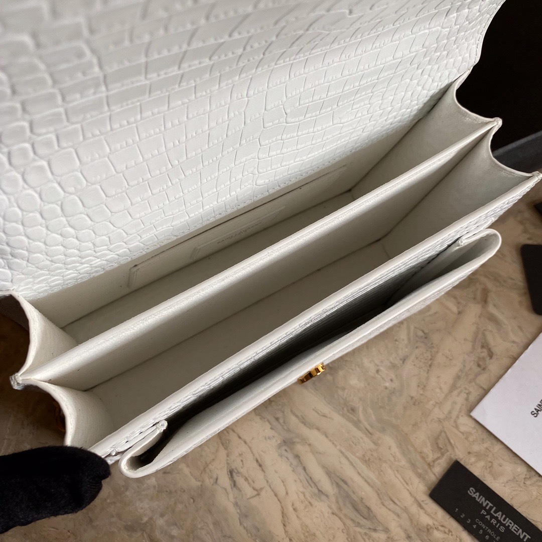 YSL SUNSET MEDIUM CHAIN BAG IN CROCODILE-EMBOSSED SHINY LEATHER