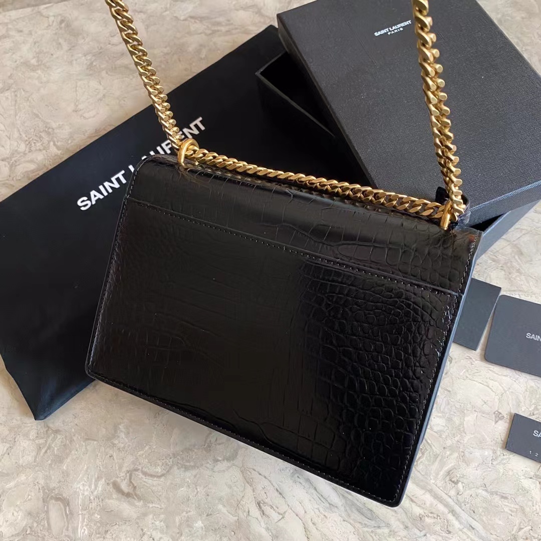 YSL SUNSET MEDIUM CHAIN BAG IN CROCODILE-EMBOSSED SHINY LEATHER