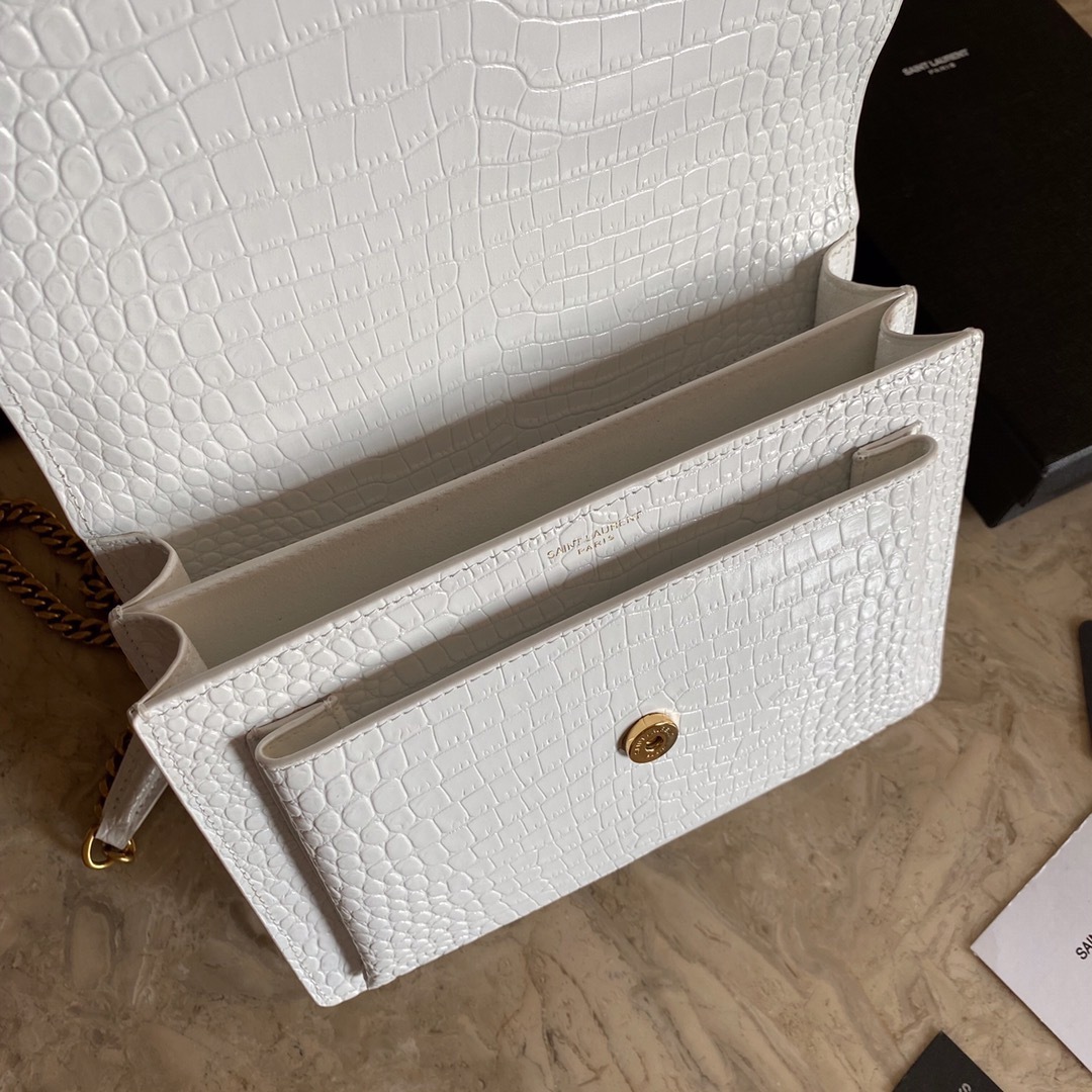 YSL SUNSET MEDIUM CHAIN BAG IN CROCODILE-EMBOSSED SHINY LEATHER