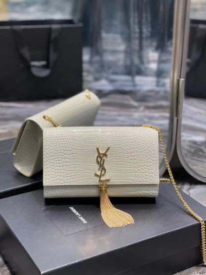 YSL KATE MEDIUM CHAIN BAG WITH TASSEL IN EMBOSSED CROCODILE SHINY LEATHER