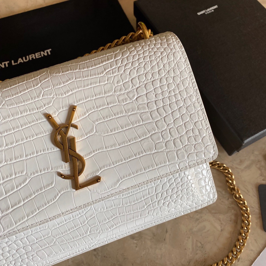 YSL SUNSET MEDIUM CHAIN BAG IN CROCODILE-EMBOSSED SHINY LEATHER