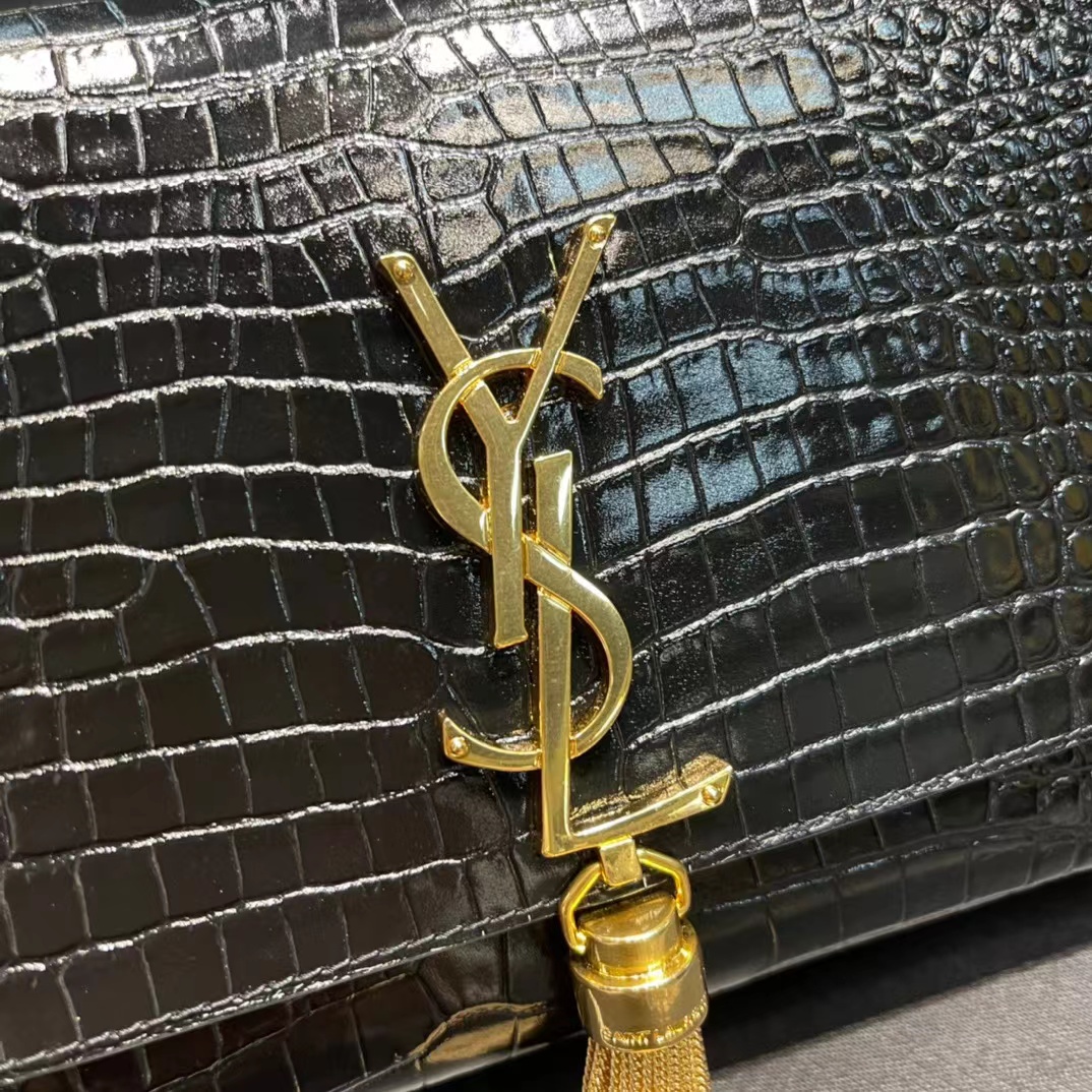 YSL KATE MEDIUM CHAIN BAG WITH TASSEL IN CROCODILE-EMBOSSED SHINY LEATHER
