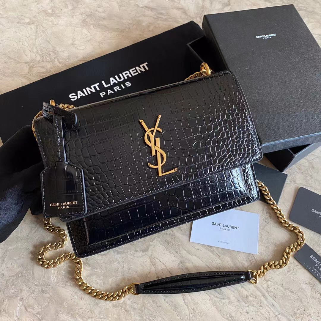 YSL SUNSET MEDIUM CHAIN BAG IN CROCODILE-EMBOSSED SHINY LEATHER