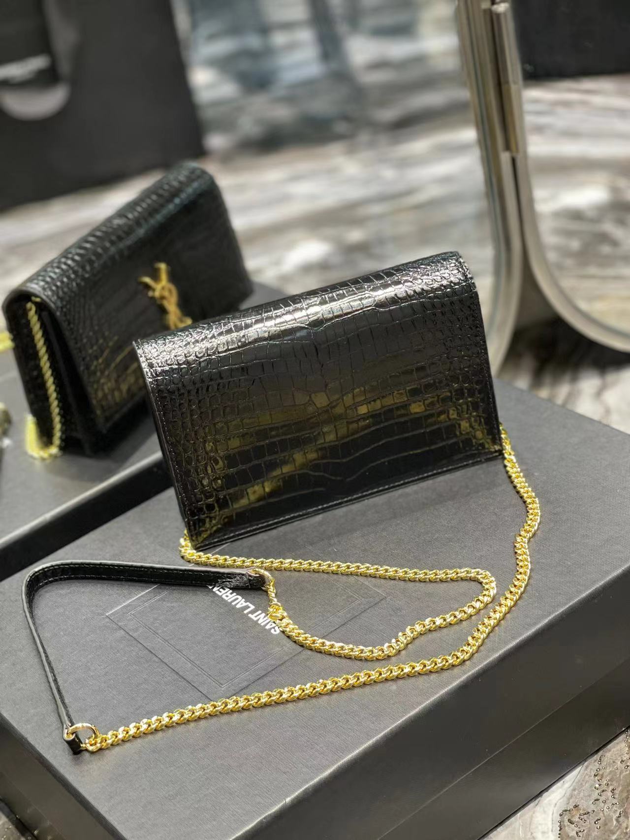 YSL KATE SMALLTASSELIN CROCODILE-EMBOSSED LEATHER