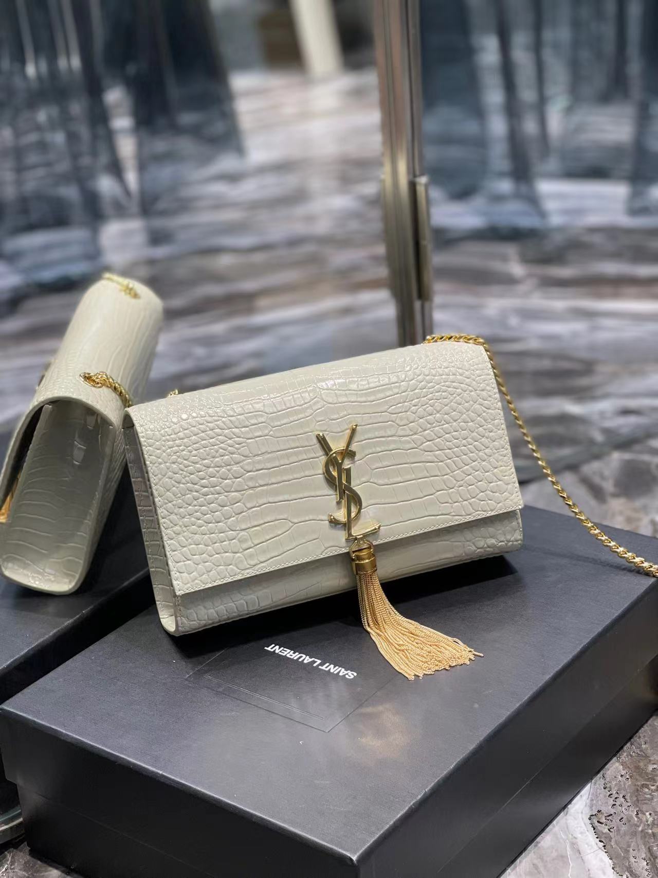 YSL KATE MEDIUM CHAIN BAG WITH TASSEL IN EMBOSSED CROCODILE SHINY LEATHER