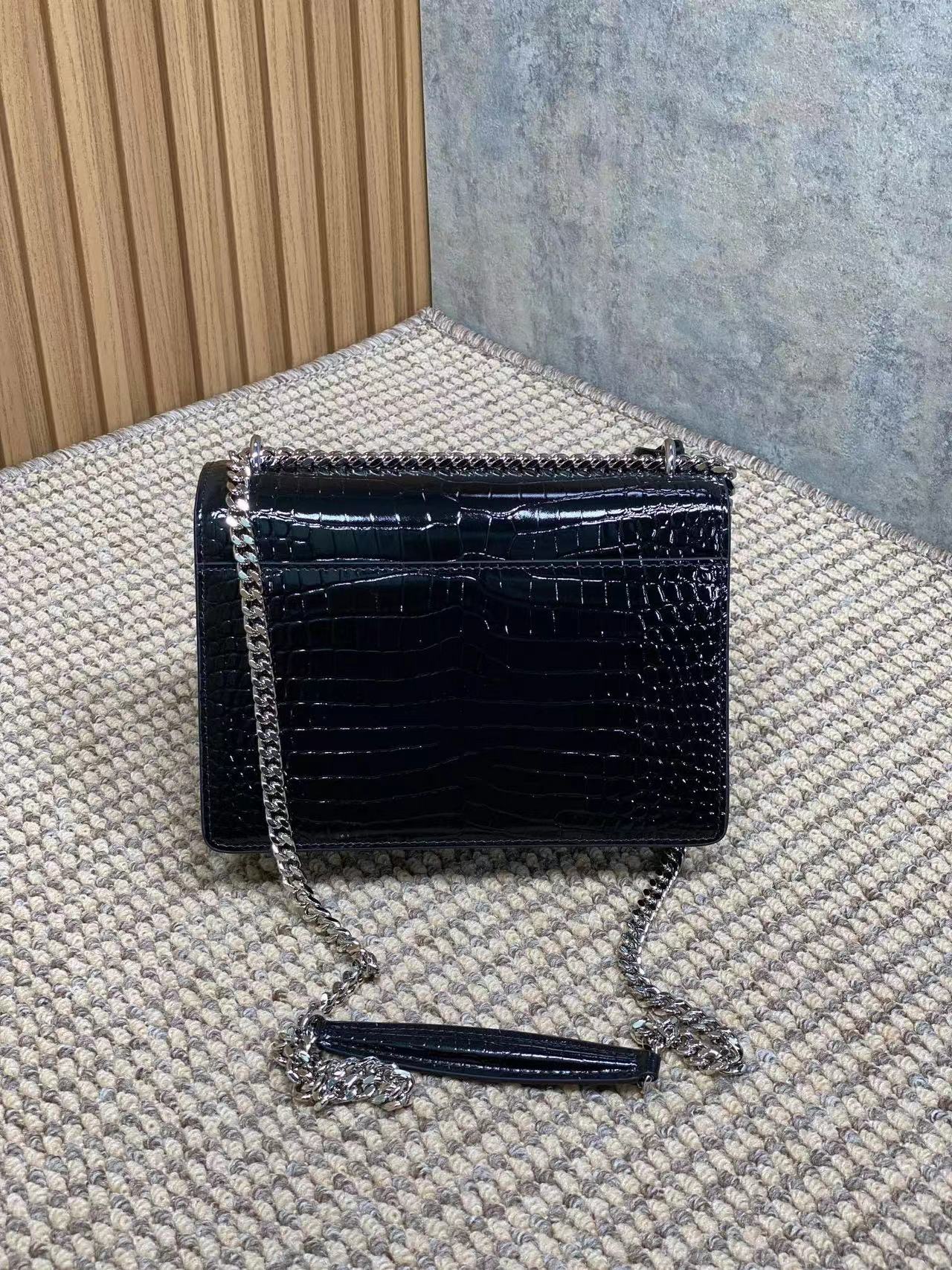 YSL SUNSET MEDIUM CHAIN BAG IN CROCODILE-EMBOSSED SHINY LEATHER