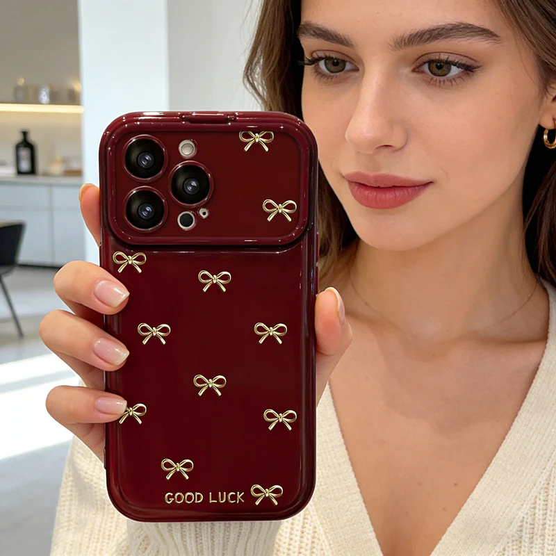 💖Lucky Bow & Heart Mirror Case For iPhone with Strap