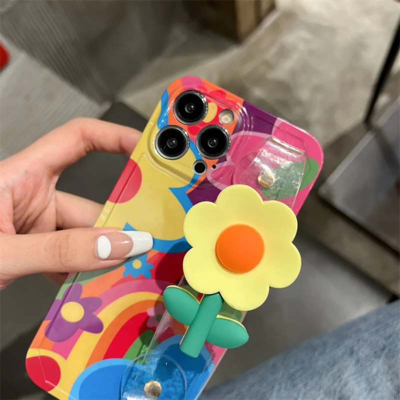Colorful 3D Flower Grip Case For iphone with Wrist & Crossbody Strap