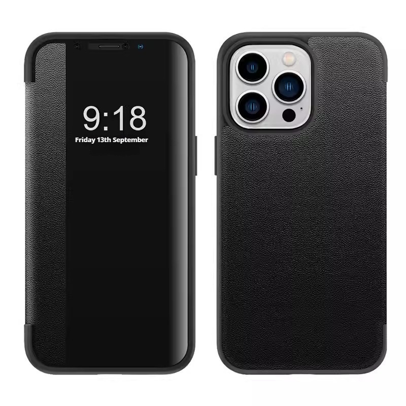 Plain leather side window flip phone case for iPhone