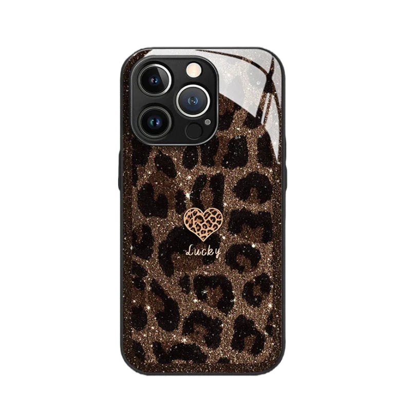Leopard Print Glossy Tempered Glass Case For iPhone(Optional Wrist Strap)