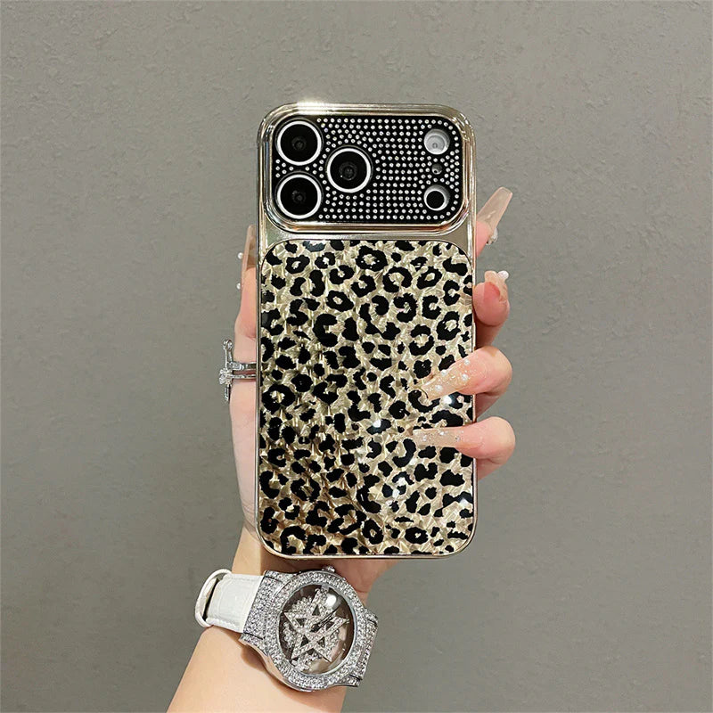 Leopard Print Crystal Phone Case – Electroplated Edge Full-Cover Protective Case for Women