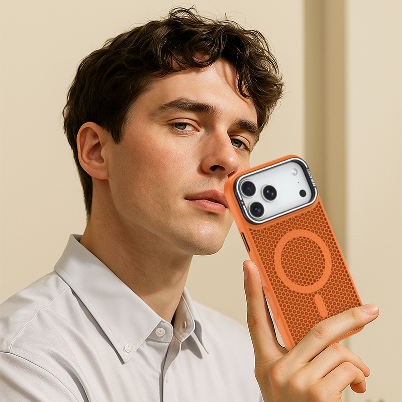 CASESUN-man-holding-casesun-honeycomb-orange-iphone17-case-lifestyle-photo