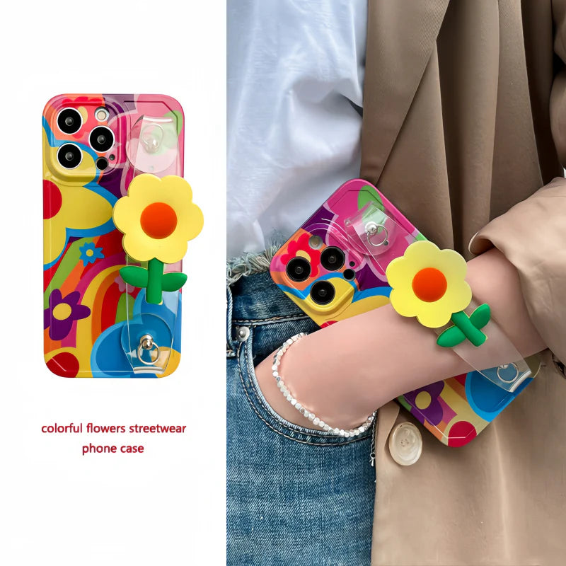 Colorful 3D Flower Grip Case For iphone with Wrist & Crossbody Strap