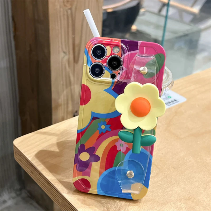 Colorful 3D Flower Grip Case For iphone with Wrist & Crossbody Strap