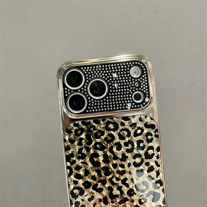 Leopard Print Crystal Phone Case – Electroplated Edge Full-Cover Protective Case for Women