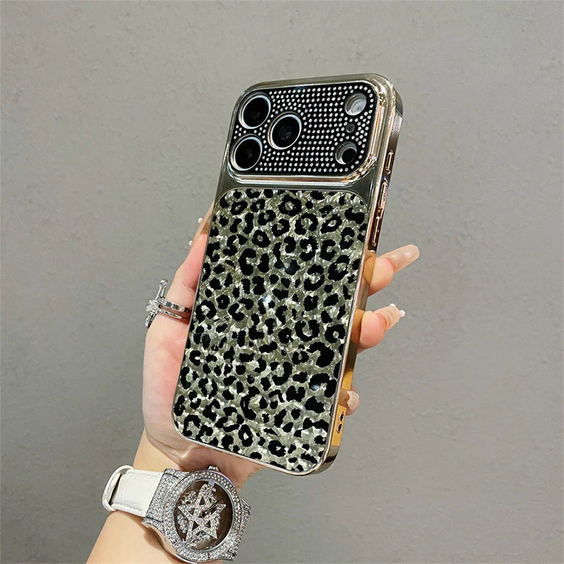 Leopard Print Crystal Phone Case – Electroplated Edge Full-Cover Protective Case for Women
