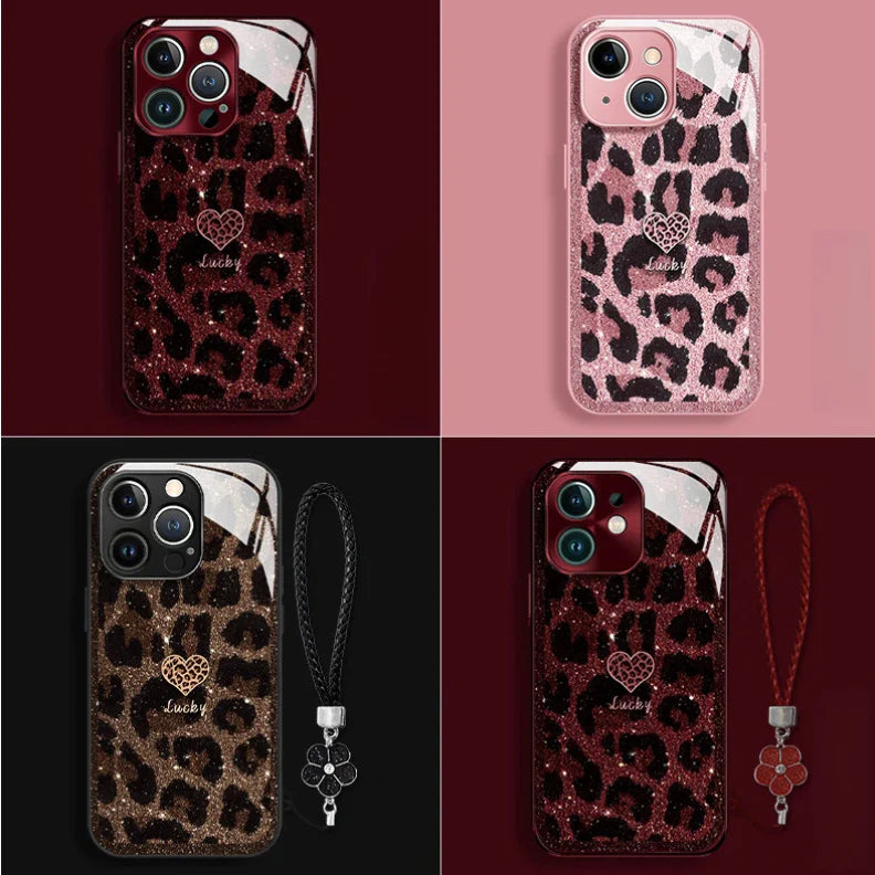 Leopard Print Glossy Tempered Glass Case For iPhone(Optional Wrist Strap)