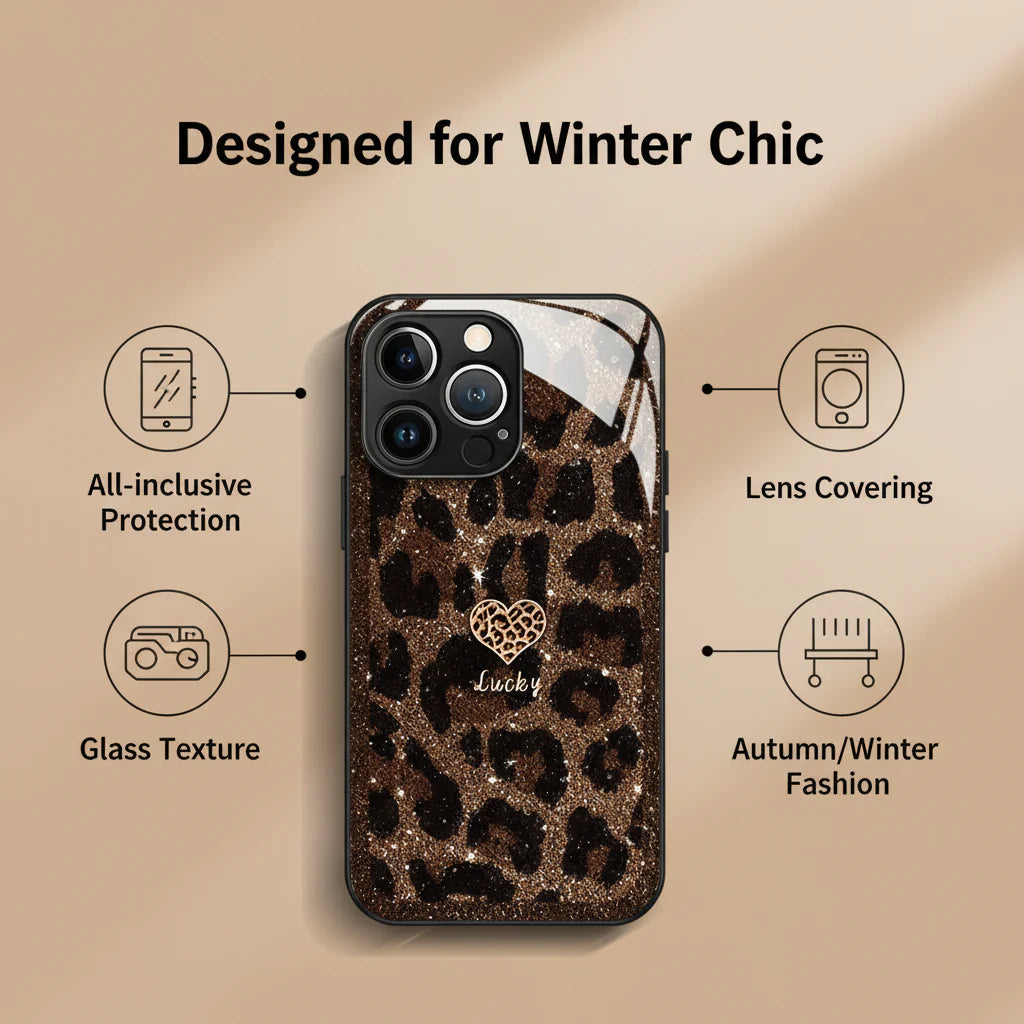 Leopard Print Glossy Tempered Glass Case For iPhone(Optional Wrist Strap)
