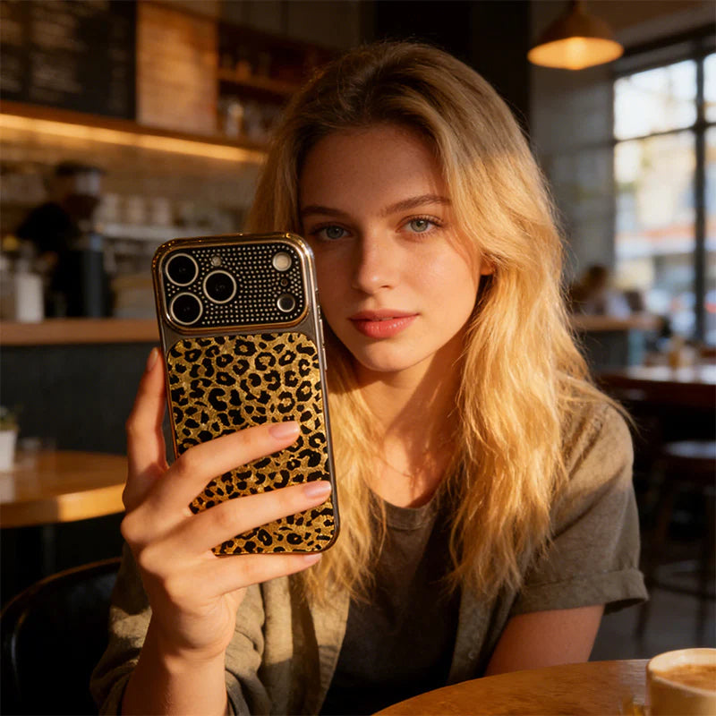 Leopard Print Crystal Phone Case – Electroplated Edge Full-Cover Protective Case for Women