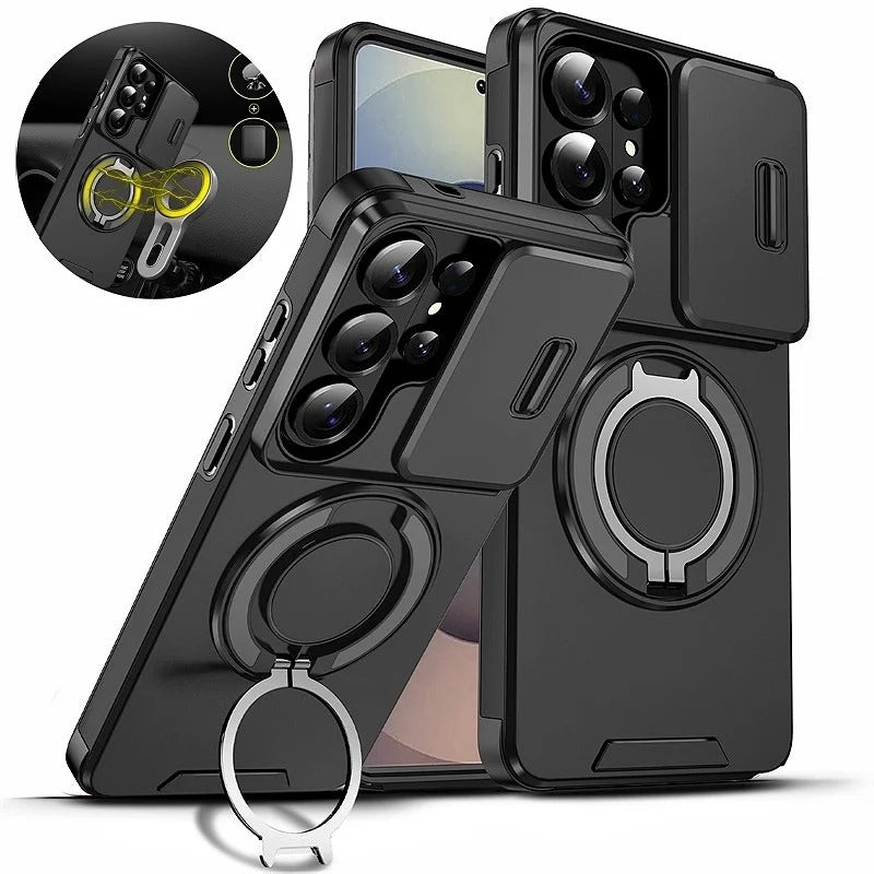 Samsung phone slider camera case with car magnetic mount and metal ring