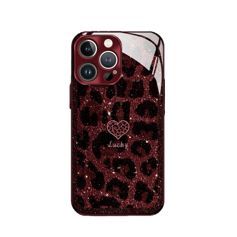 Leopard Print Glossy Tempered Glass Case For iPhone(Optional Wrist Strap)