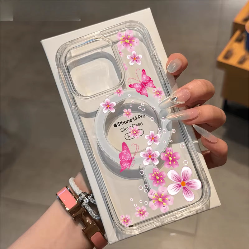 Pink butterfly flower transparent phone case for iPhone