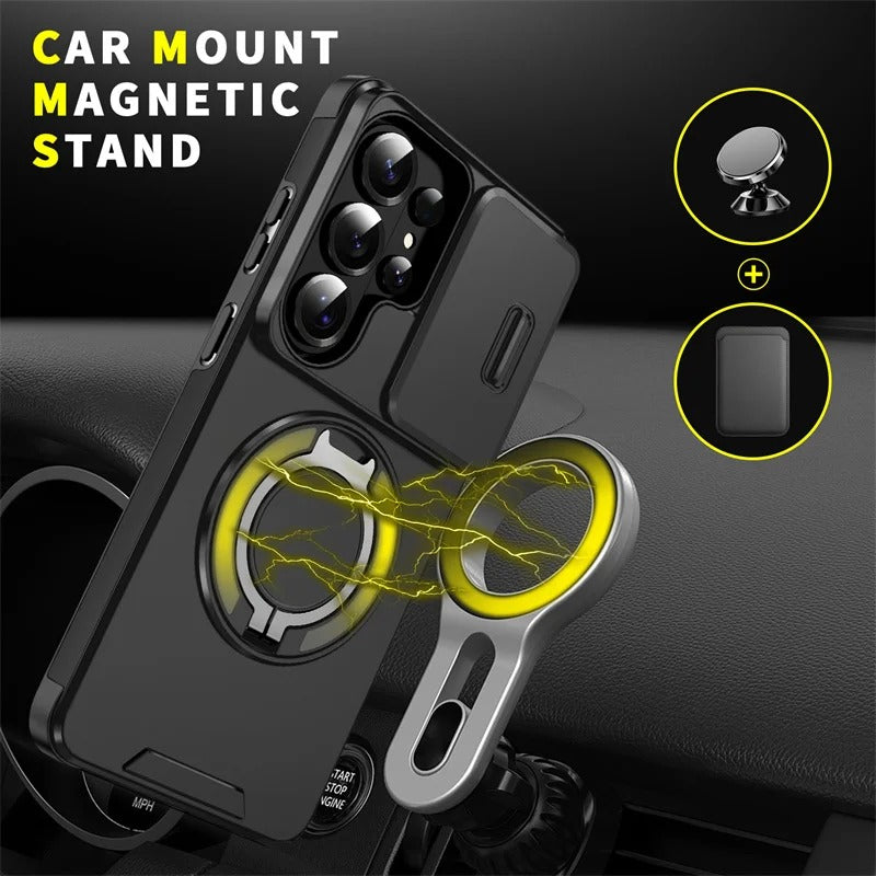 Samsung phone slider camera case with car magnetic mount and metal ring