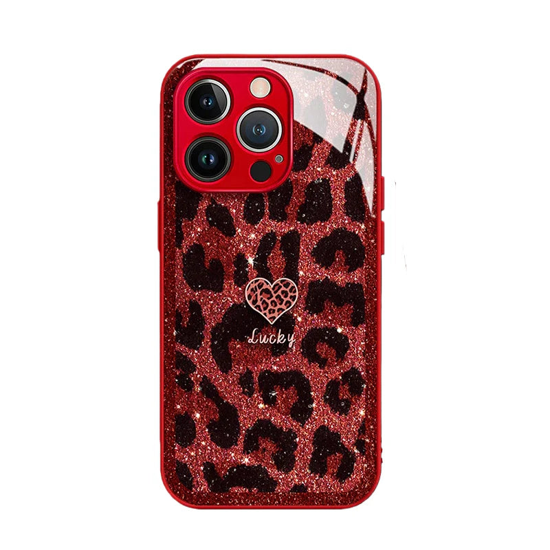 Leopard Print Glossy Tempered Glass Case For iPhone(Optional Wrist Strap)