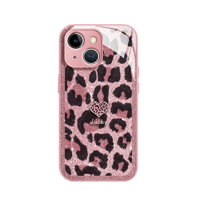 Leopard Print Glossy Tempered Glass Case For iPhone(Optional Wrist Strap)