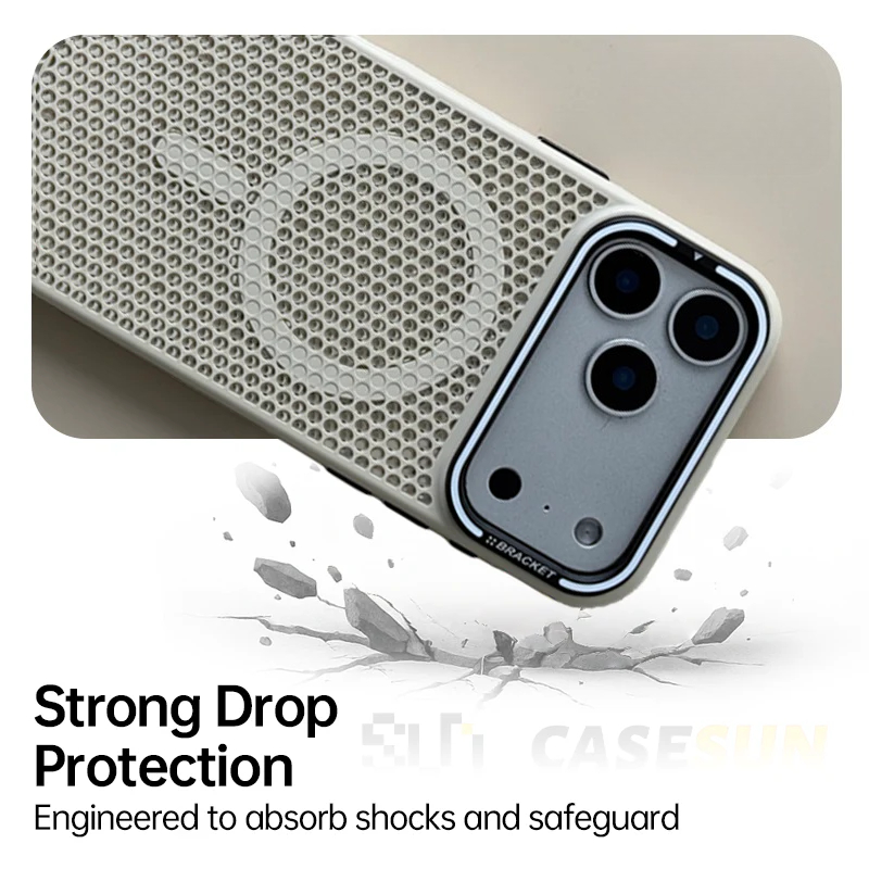 CASESUN-Honeycomb thermal mesh and drop-resistant frame of CASESUN iPhone 17 series case.
