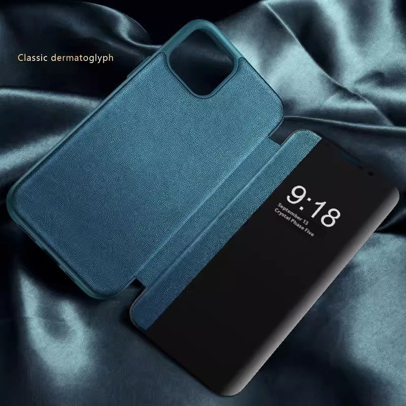 Plain leather side window flip phone case for iPhone