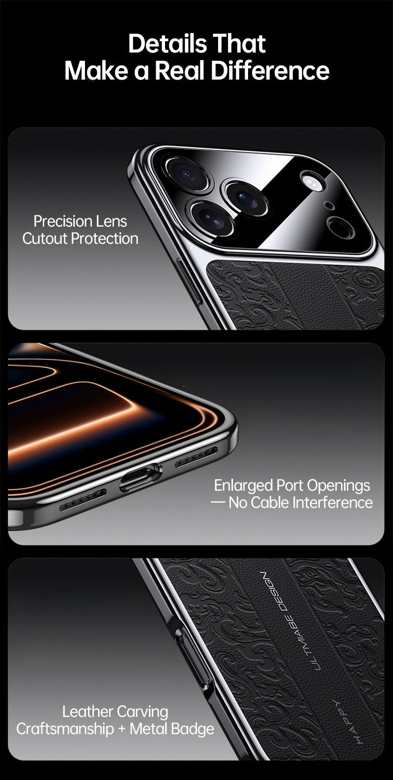 Exploded view of CASESUN leather case showing TPU frame, PC backplate, and embossed leather layer