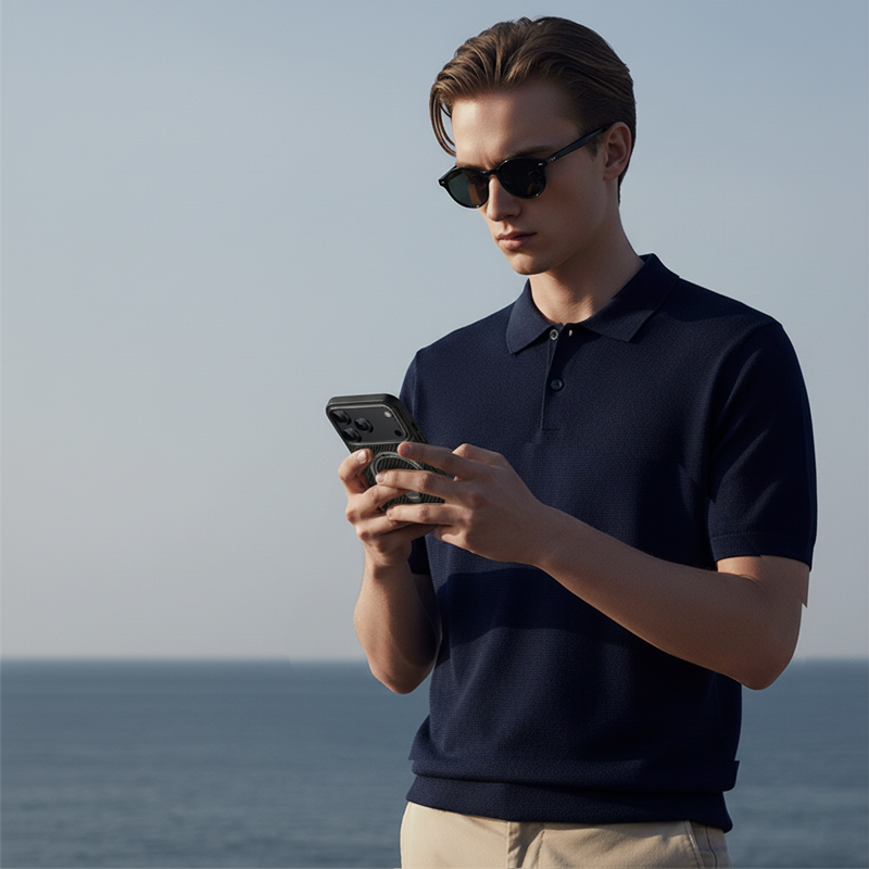 CASESUN carbon fiber MagSafe phone case held by a man in a polo shirt by the ocean, combining casual elegance with reliable protection.