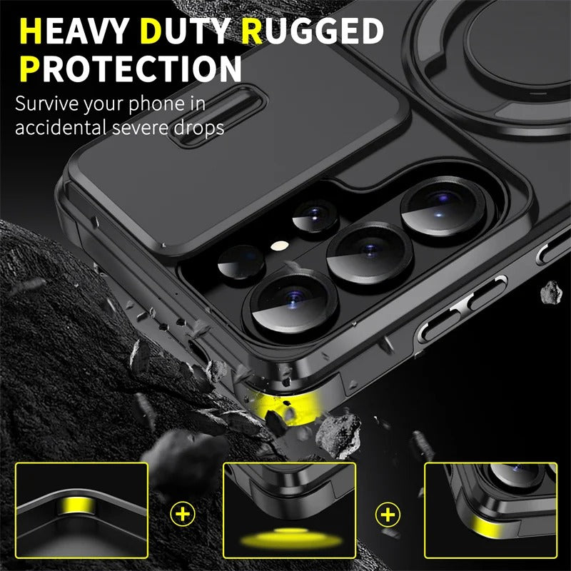 Samsung phone slider camera case with car magnetic mount and metal ring