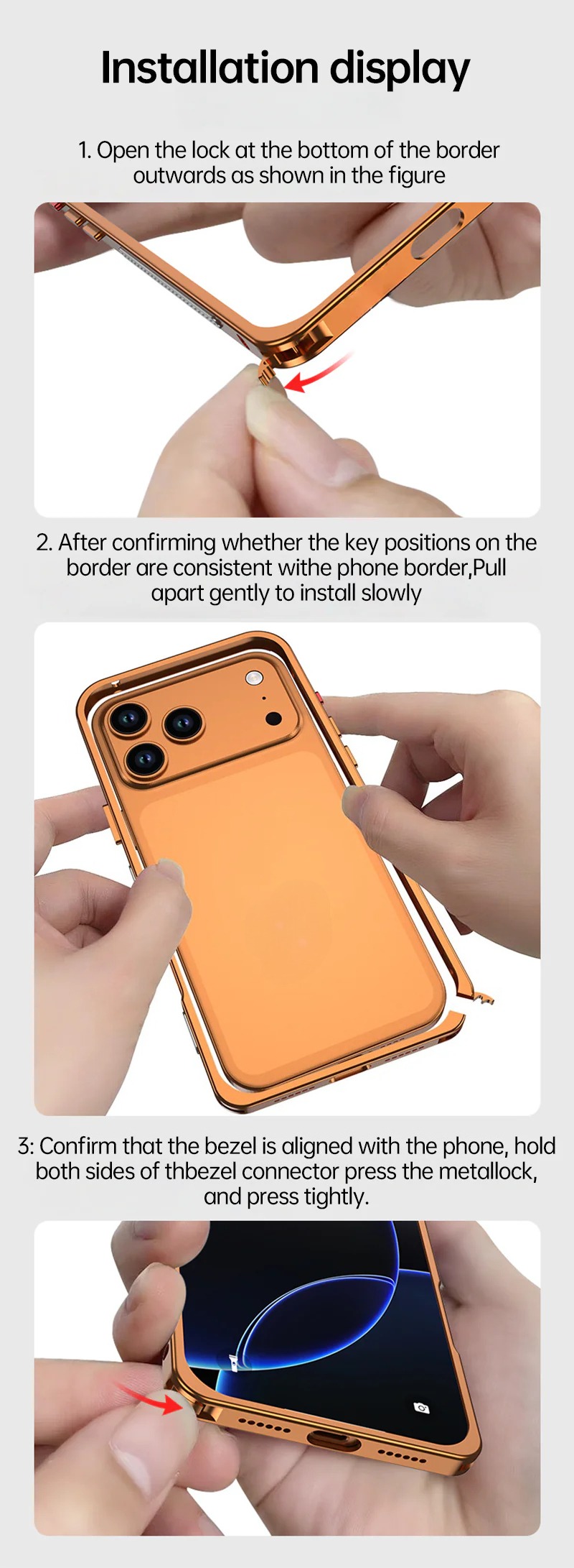 CaseSun-Step-by-step installation of iPhone 17 Pro Max alloy bumper case with seahorse buckle lock system.