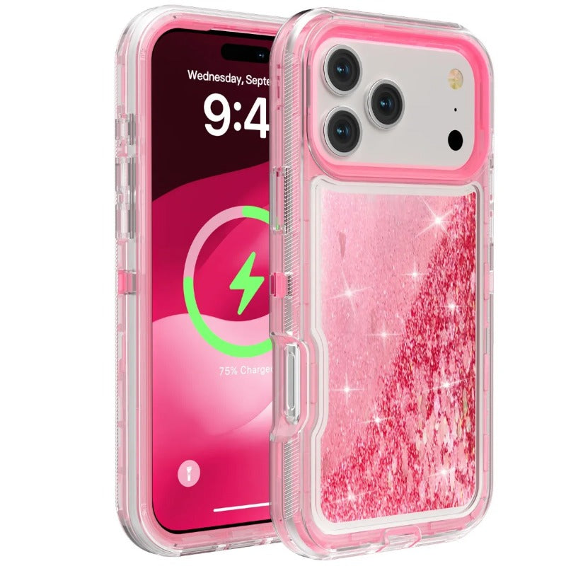 3 IN 1 OTT Heavy Duty Glitter Liquid Quicksand Box Phone Case For iPhone